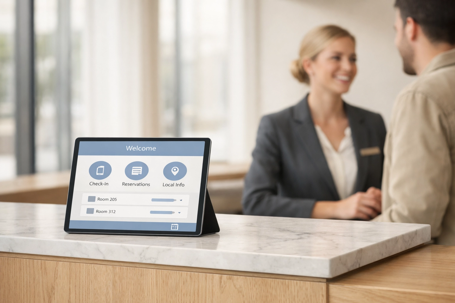 Modern hotel reception with staff using an automated hotel PMS tablet to manage guest bookings.