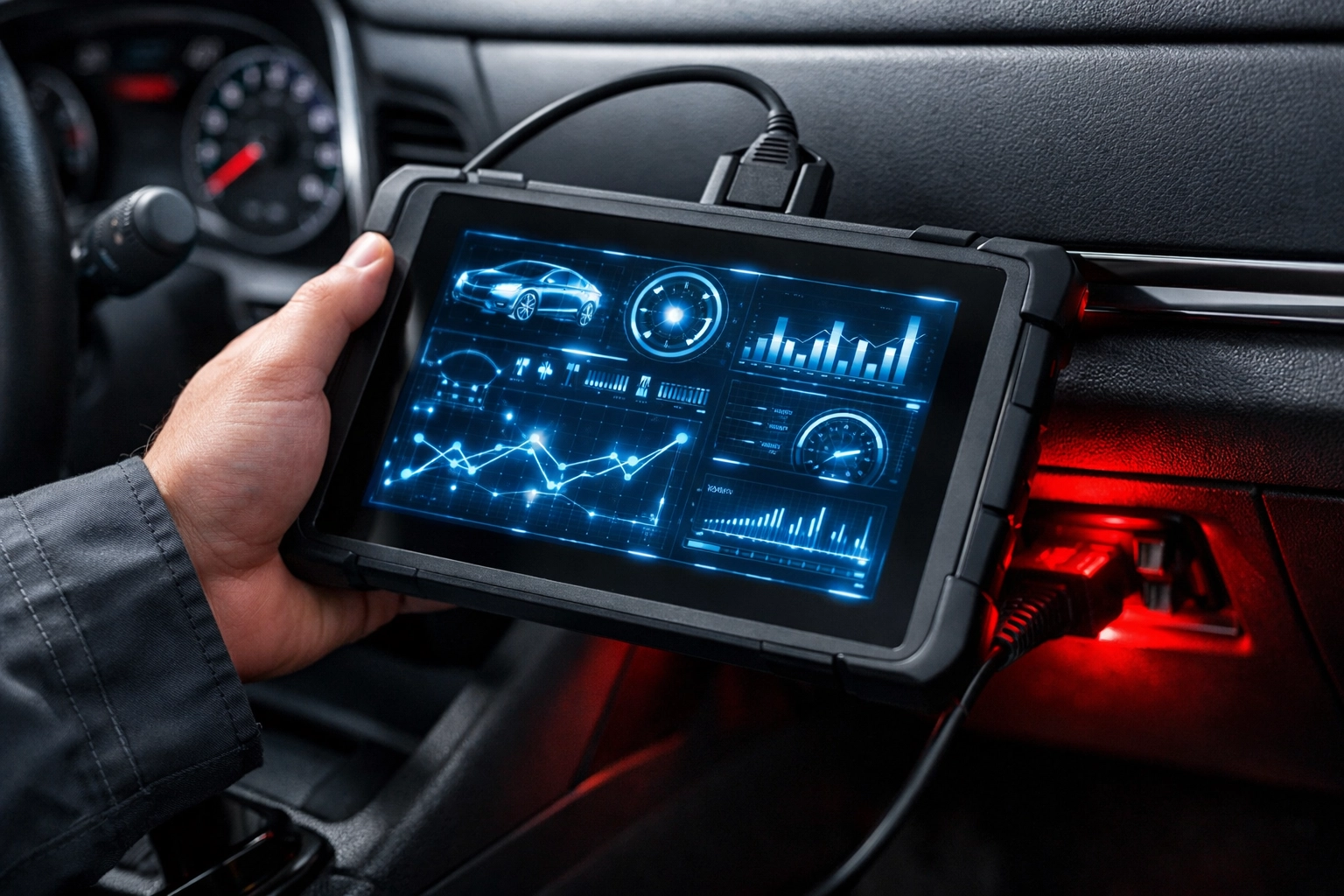 Technician performing advanced engine diagnostics on a fleet vehicle to ensure peak performance.