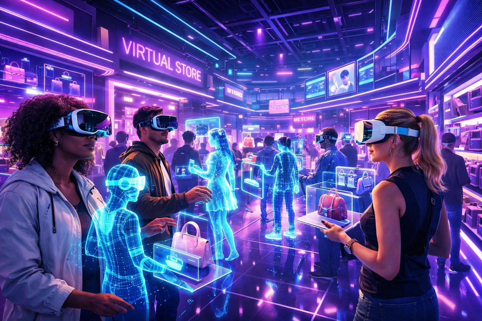 Shoppers wearing VR headsets browse virtual storefronts in metaverse mall with holographic avatars