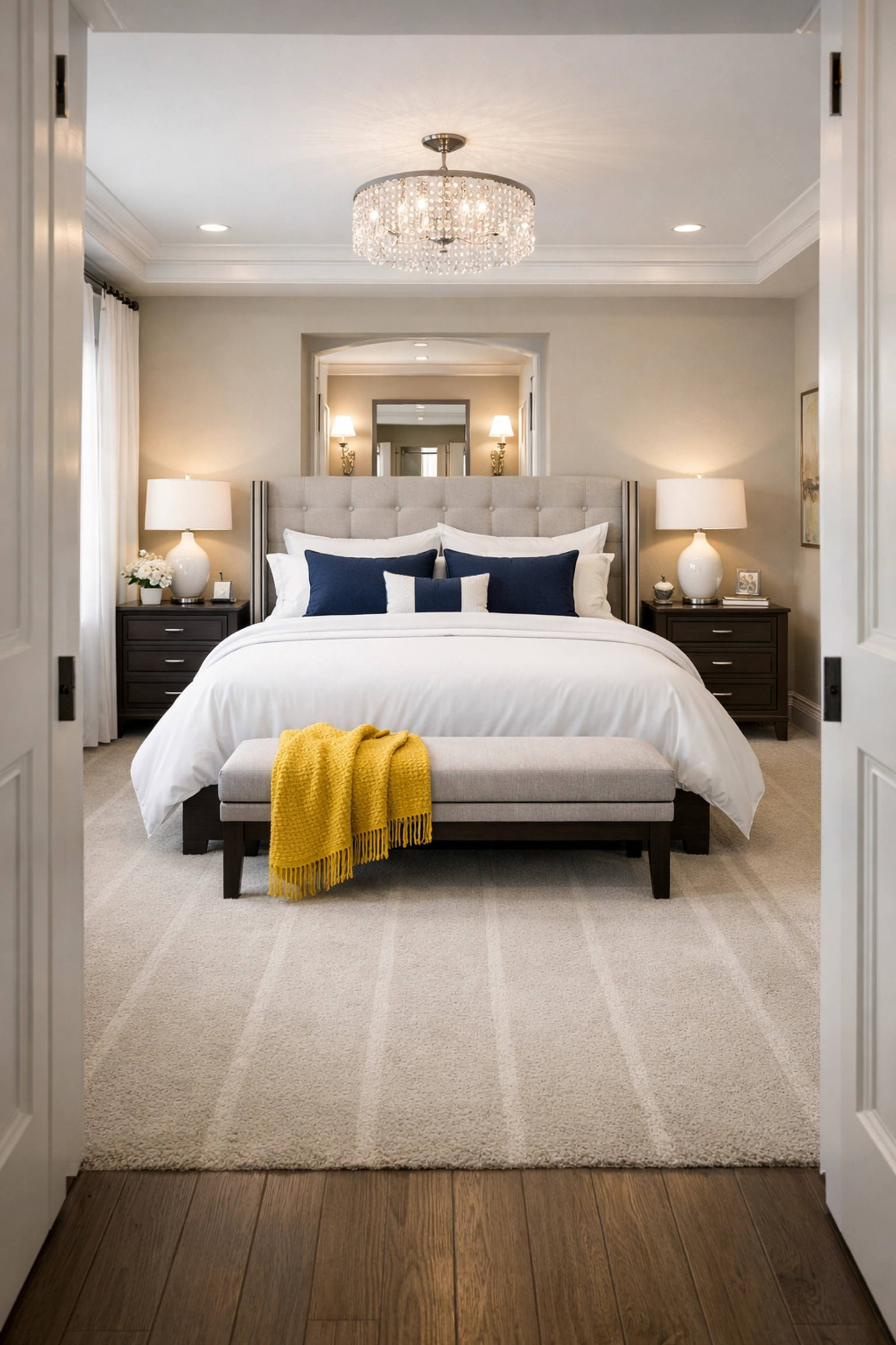 Perfectly organized master bedroom in Bolton featuring professionally cleaned surfaces and vacuumed floors.