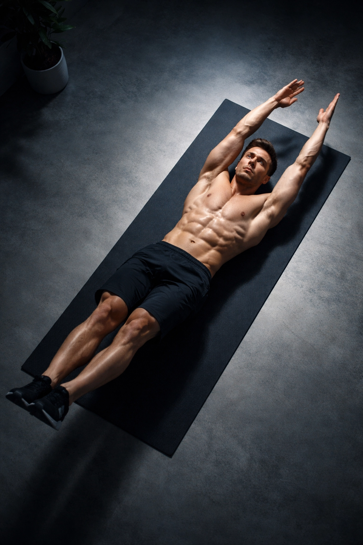 Man holds a hollow body position on a yoga mat in a minimalist home workout space, focusing on core training at home.