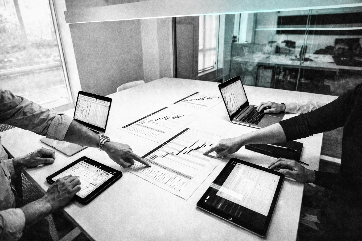 Executive team collaborating on project timelines, emphasizing SAP migration workforce strategy