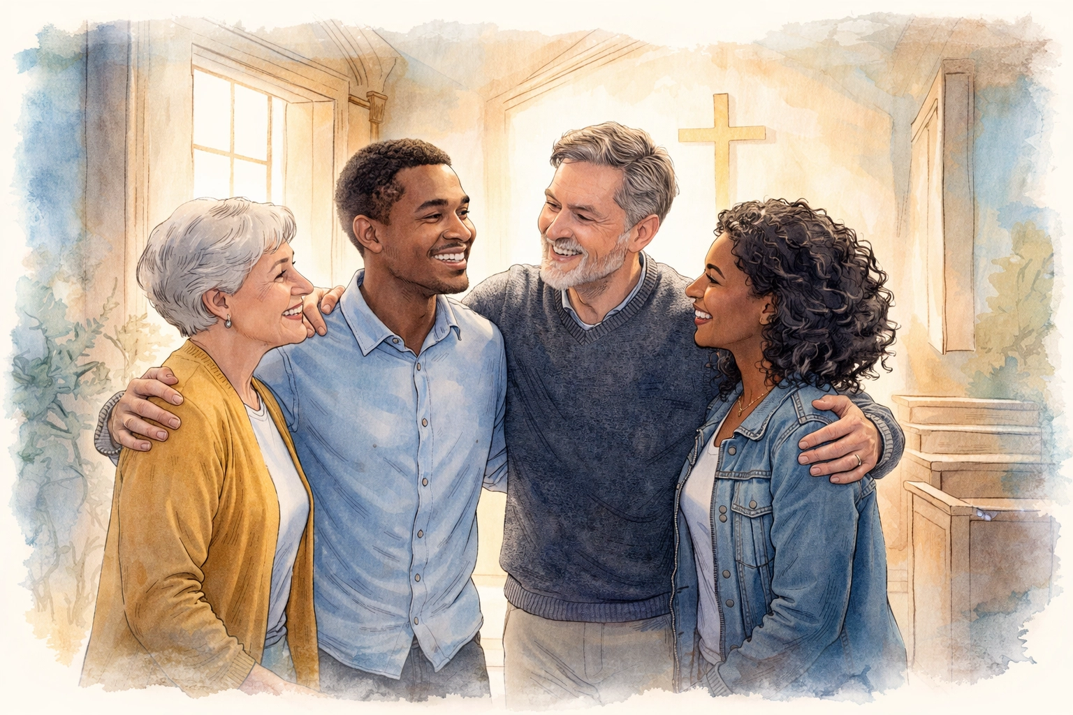 Watercolor illustration of diverse people embracing in a church foyer, symbolizing Sunday church connection and community.