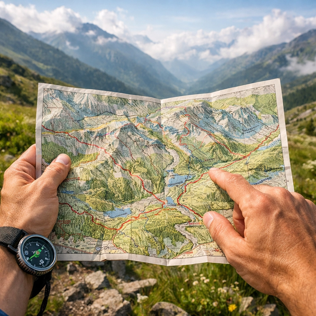 Hiker using a paper topographic map for navigation during a guided walk in the UK hills.