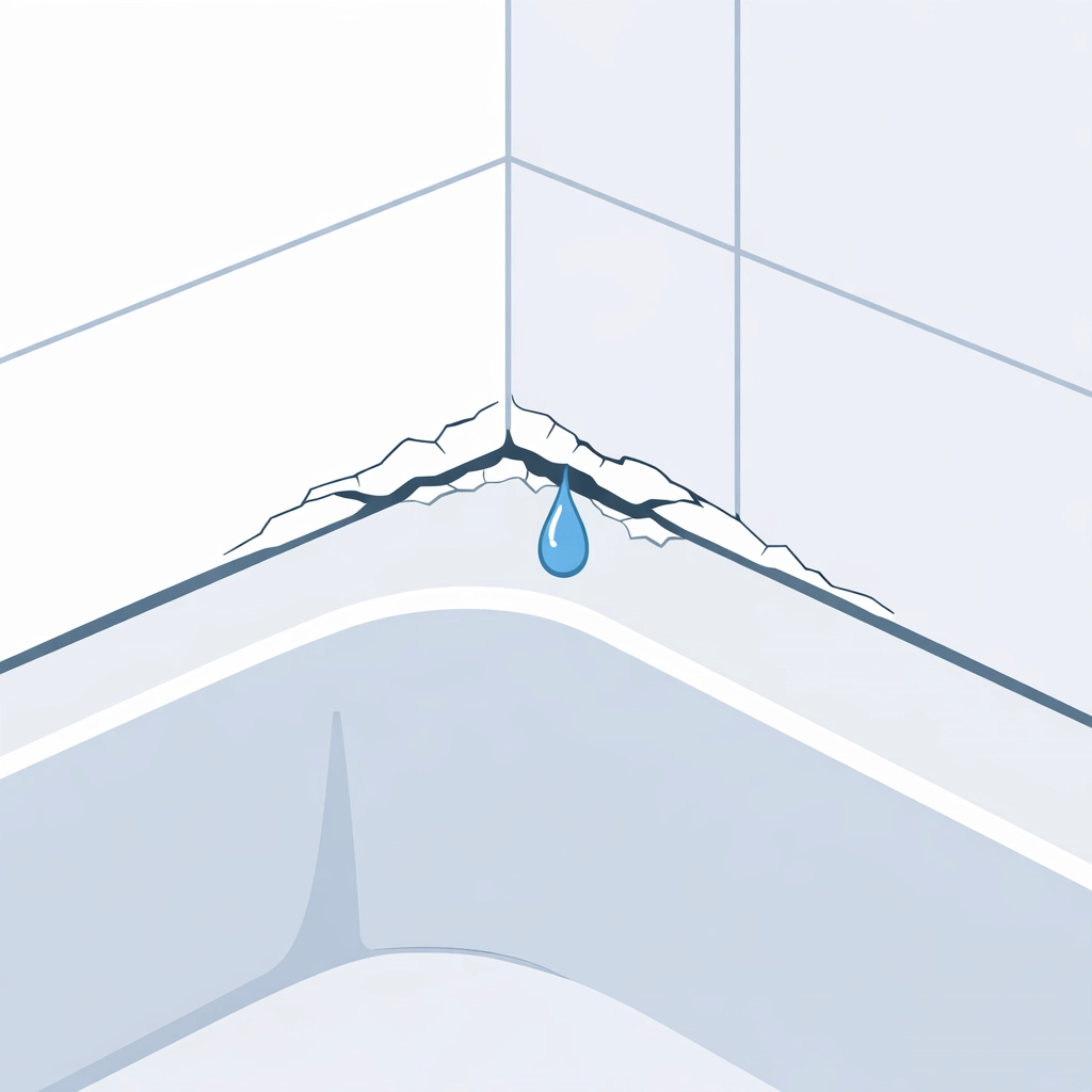 Cracked caulking around bathtub edge showing water damage and deterioration in bathroom