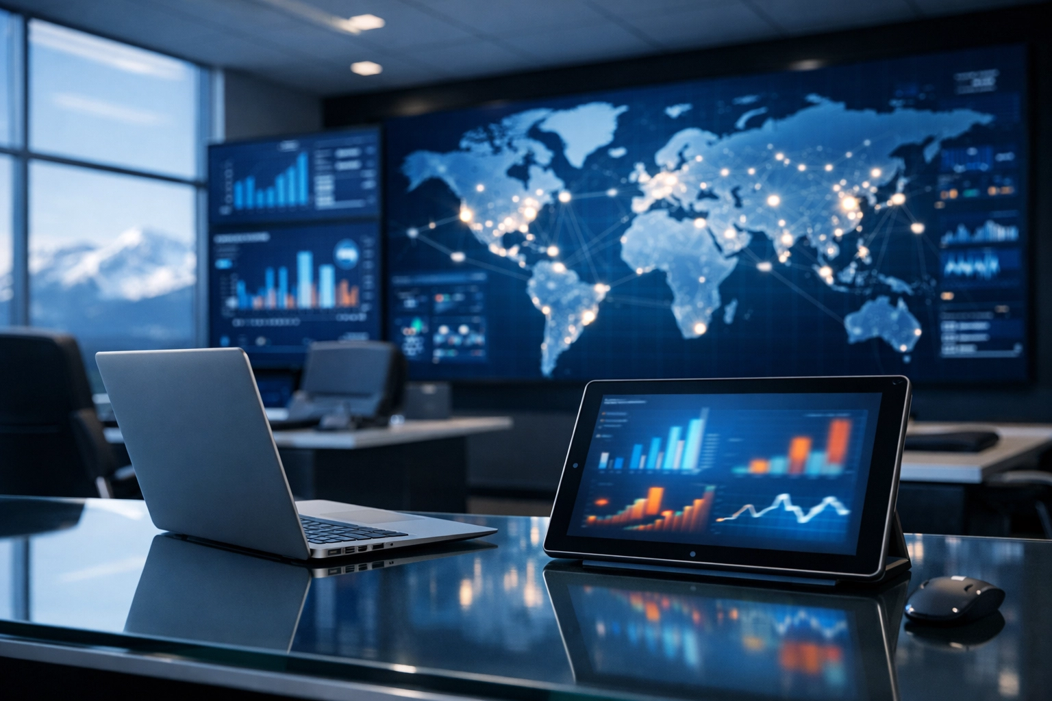 Professional digital media operations center showing real-time data analytics for automated content optimization.