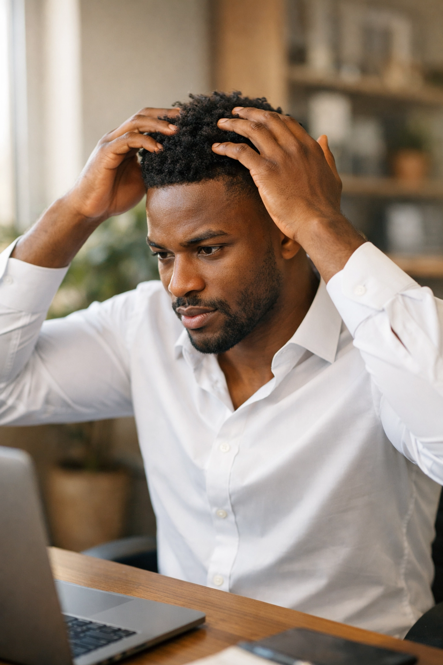Man restyling hair at office desk as part of midday grooming routine