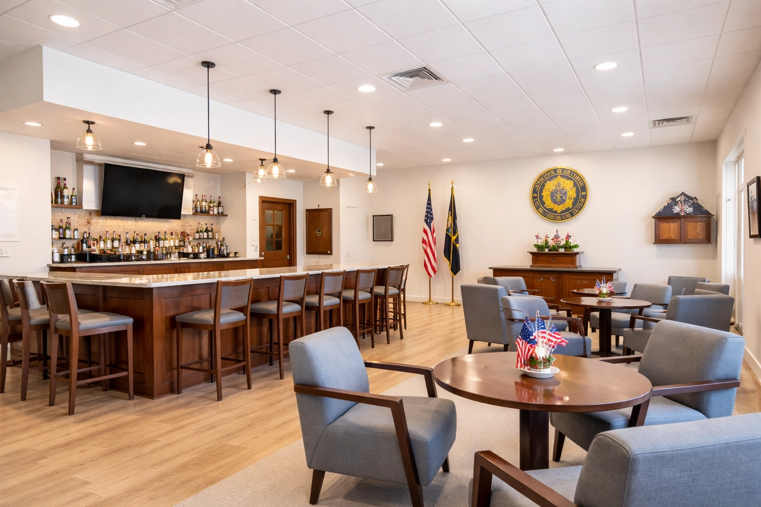 Welcoming interior view of American Legion Post 76 bar with patriotic touches and cozy seating