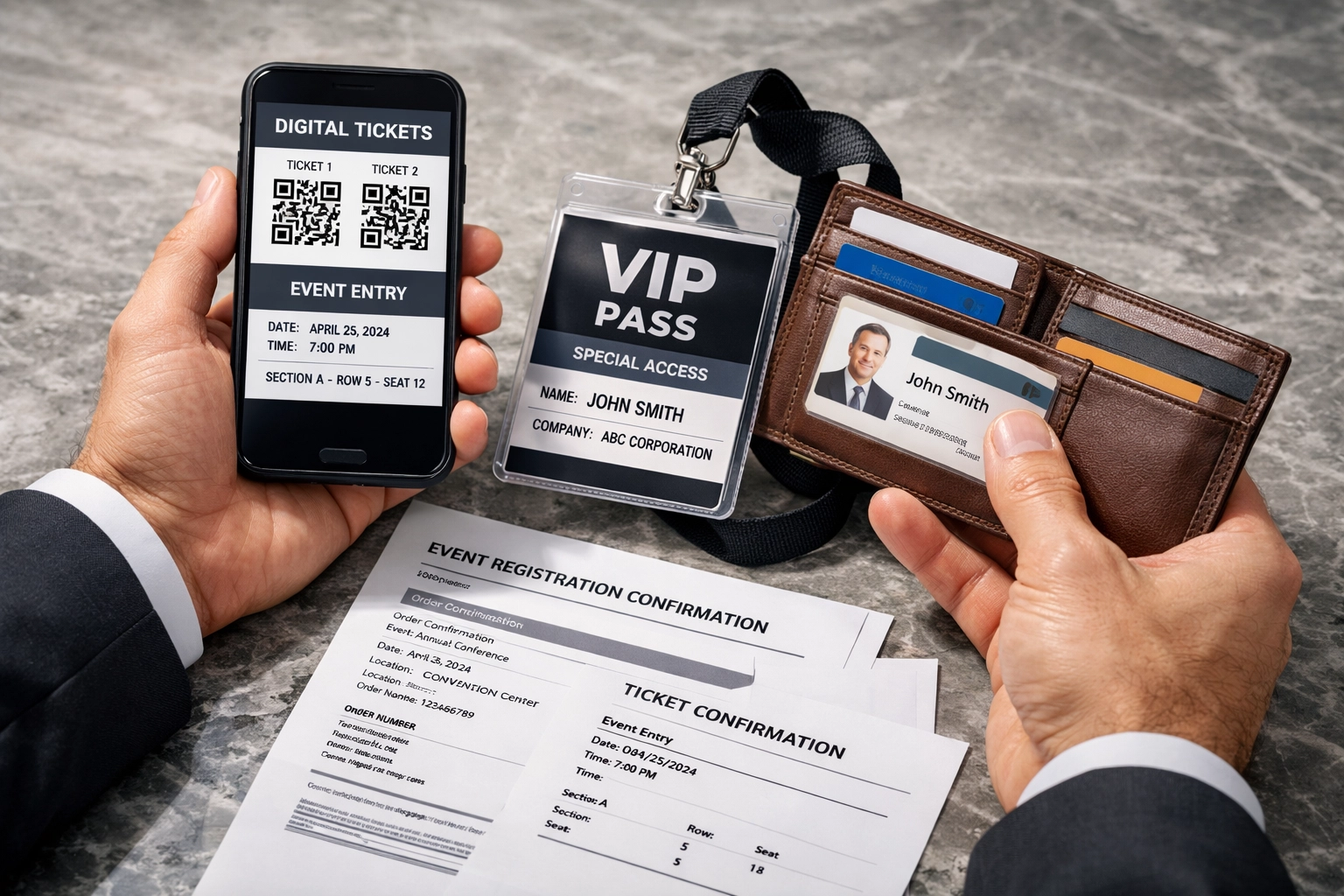 Business professional organizing Super Bowl VIP credentials and travel documents