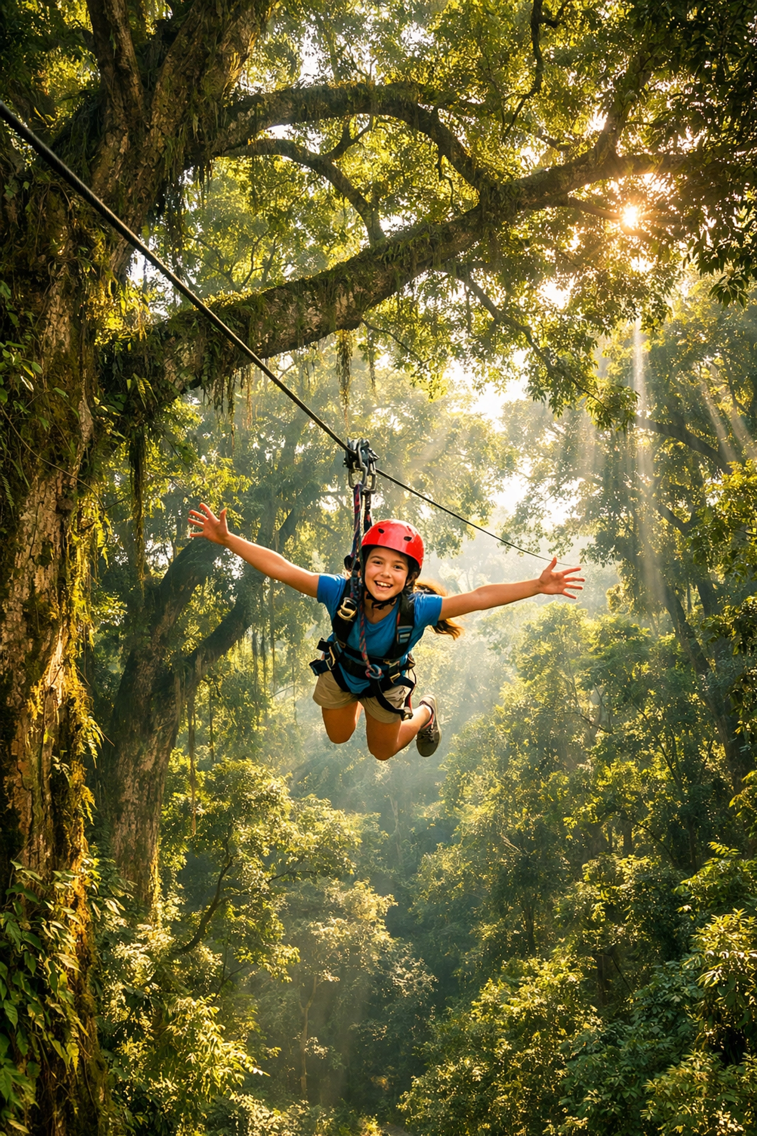 A girl on a zip line in a forest, offering a beautiful backdrop for fine art nature photography.