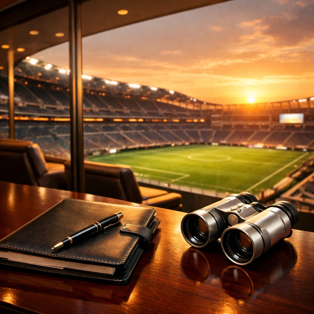High-stakes Super Bowl strategic planning in a luxury VIP suite with a view of the football field.