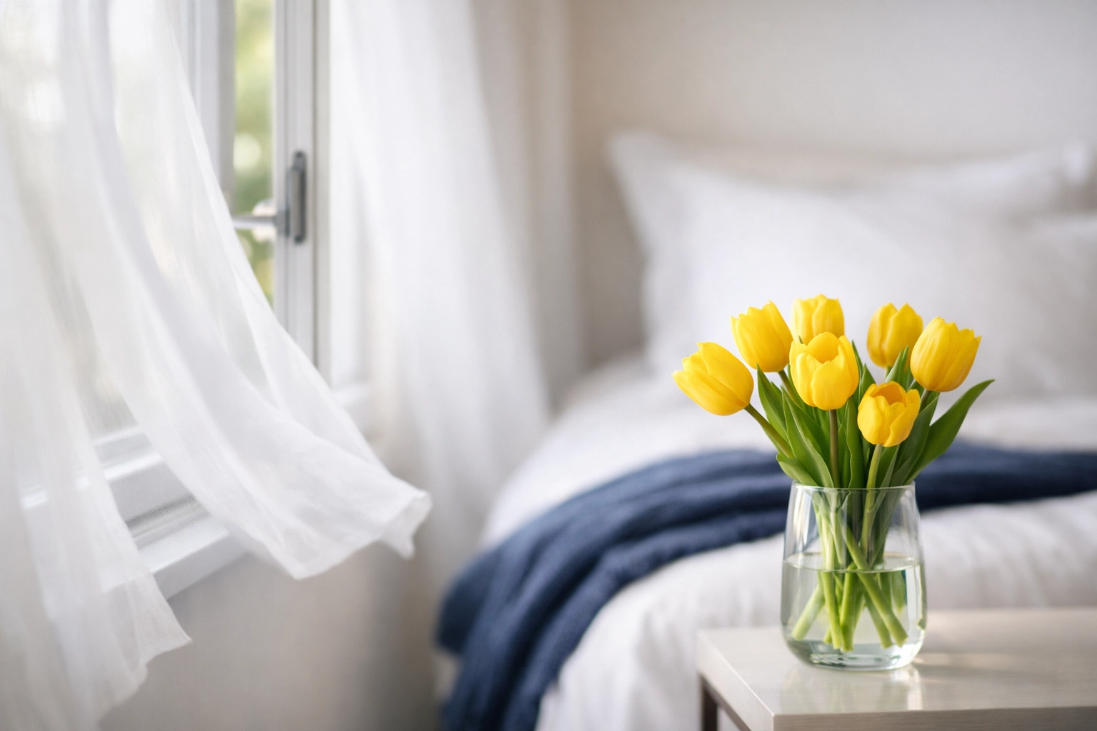 A bright bedroom with an open window showing fresh air flow to maintain a healthy, allergen-free home.