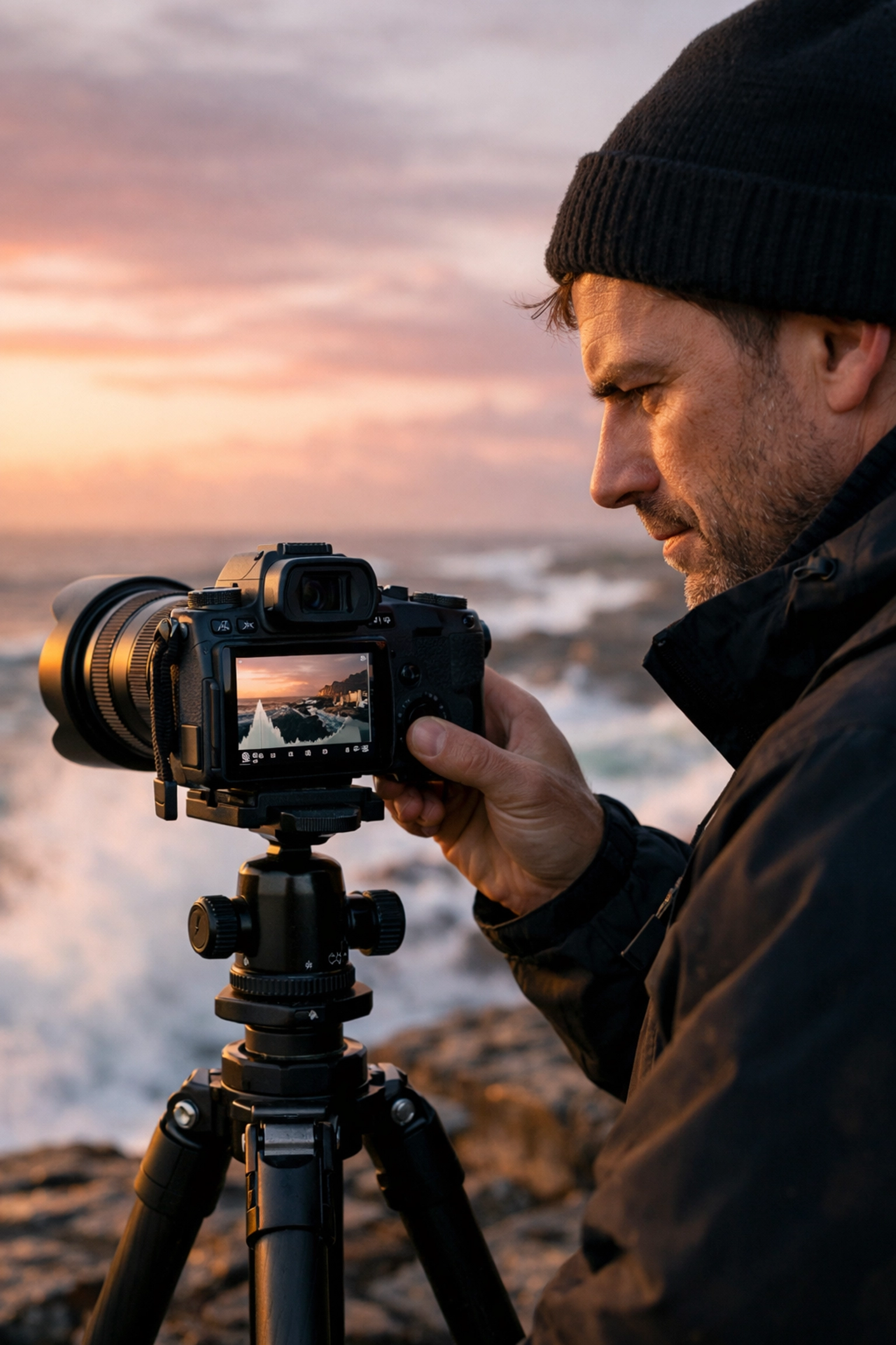 Photographer checking settings in-camera at sunrise to enhance photo editing tutorials and workflow.