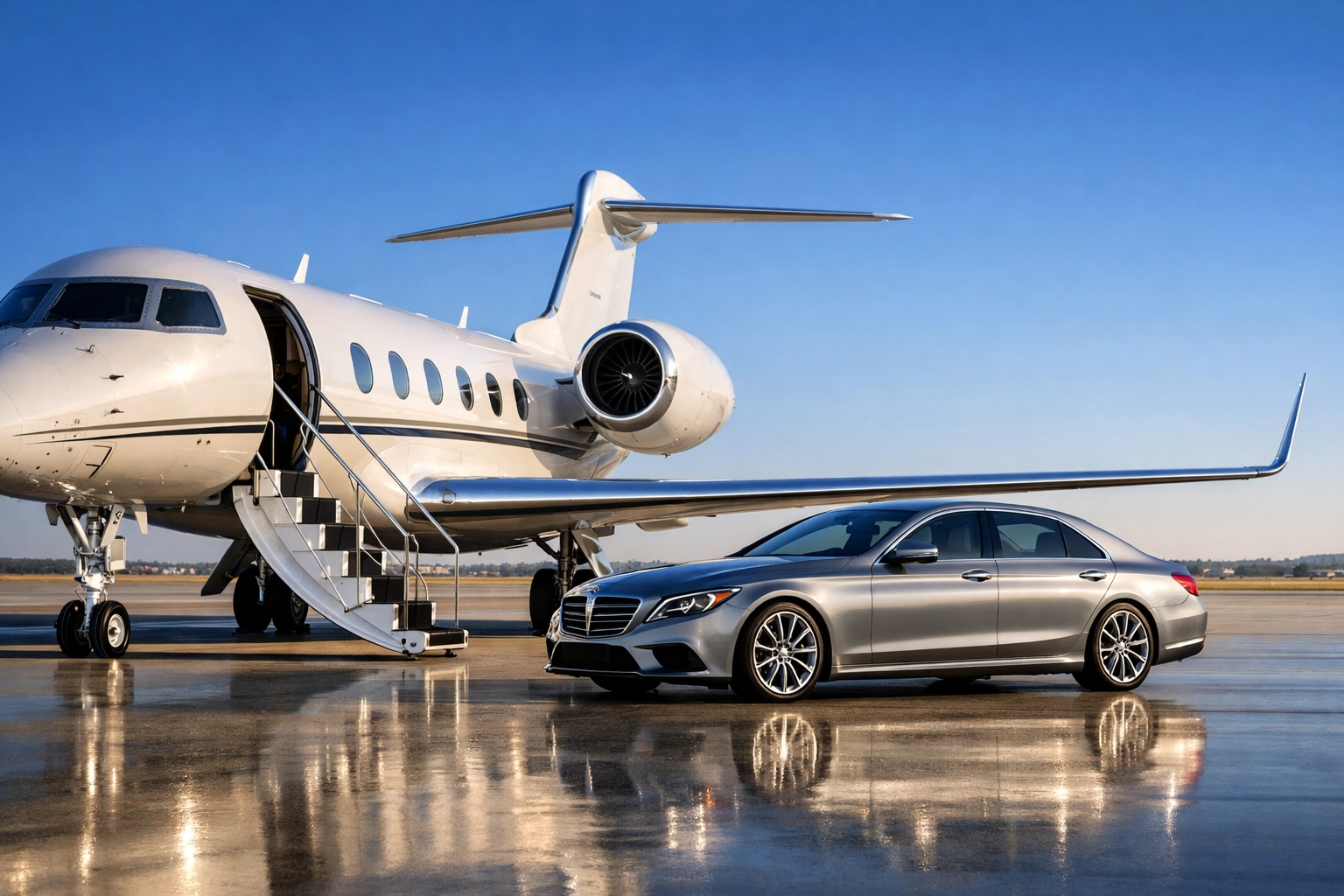 Private jet and luxury sedan on a tarmac, showcasing seamless corporate travel logistics for executives.
