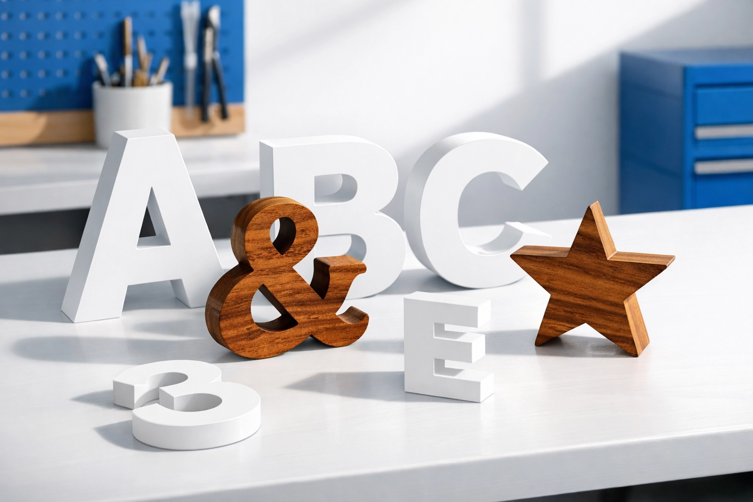 Custom dimensional signage letters carved from Koa wood and white PVC by a CNC router.