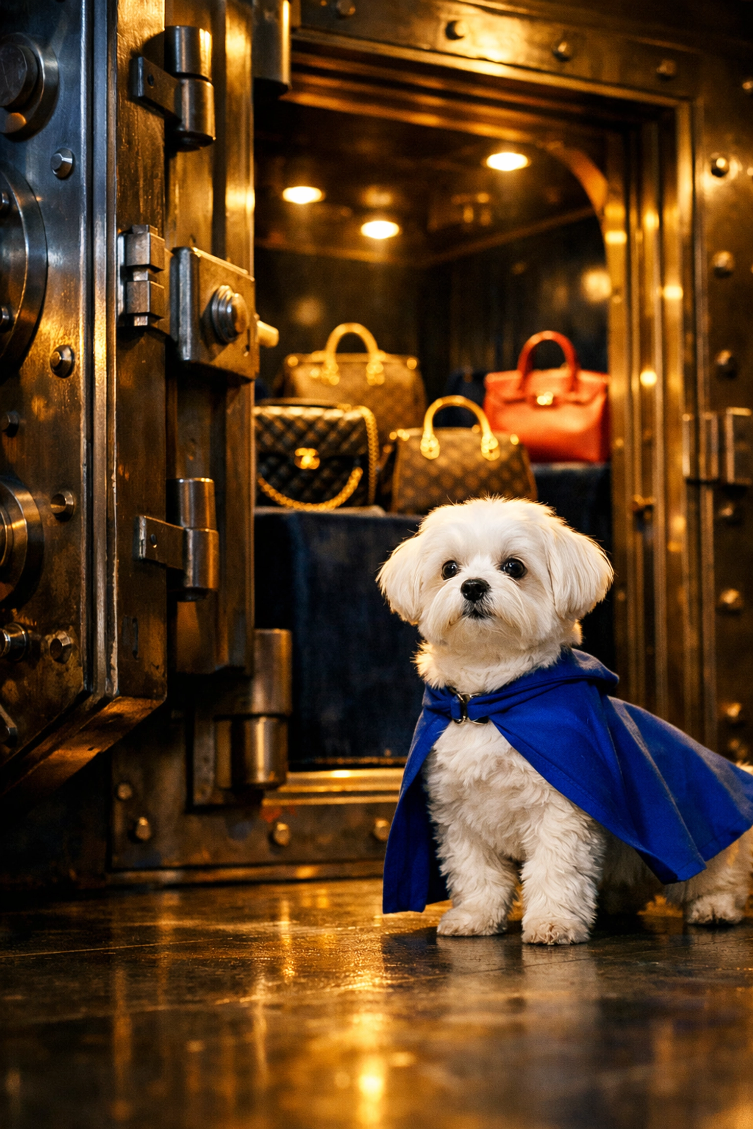 Daisy the Maltese guarding a vault of designer handbags to protect resale value and stop superfakes.