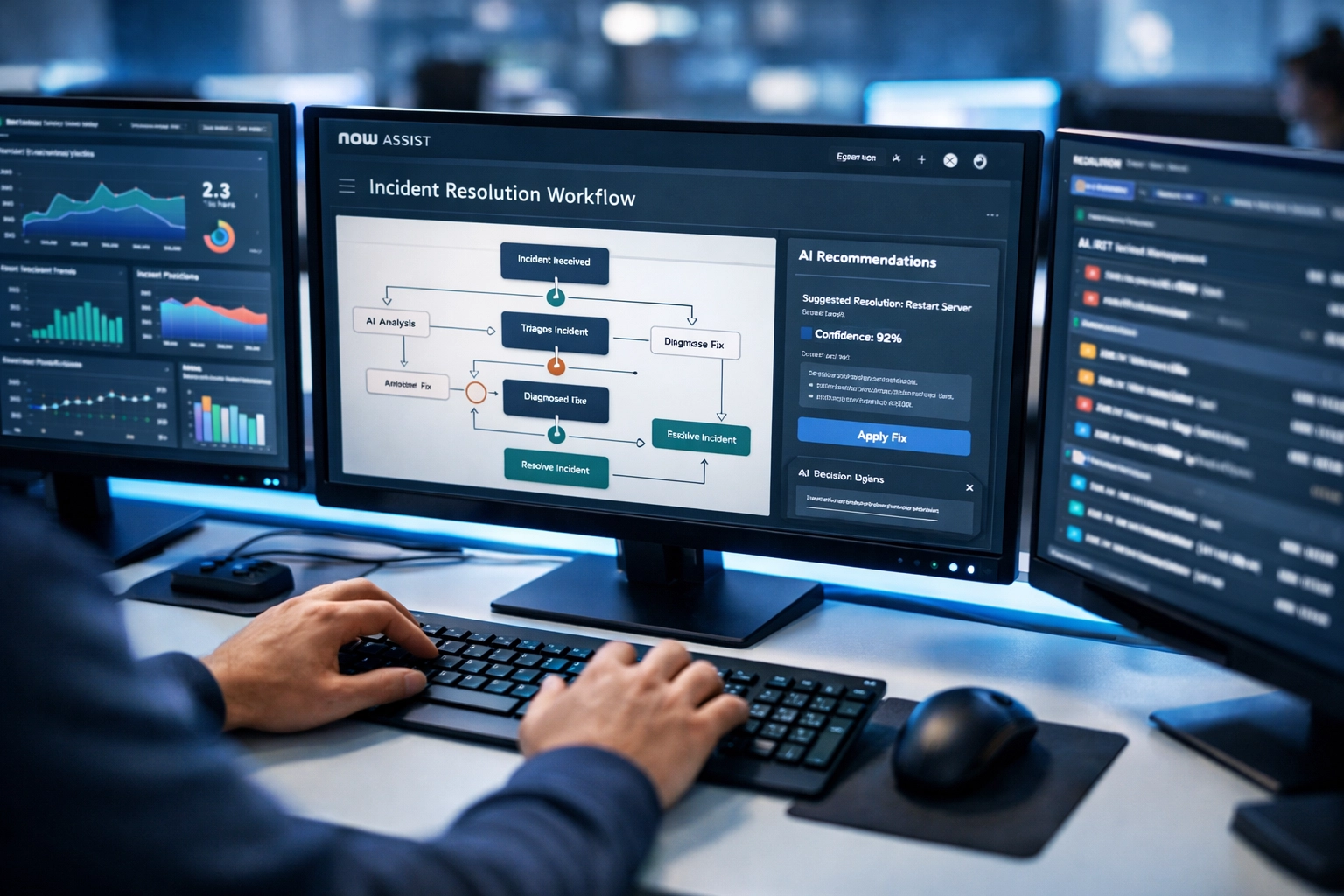 ServiceNow Now Assist AI automation dashboard with intelligent incident resolution workflows