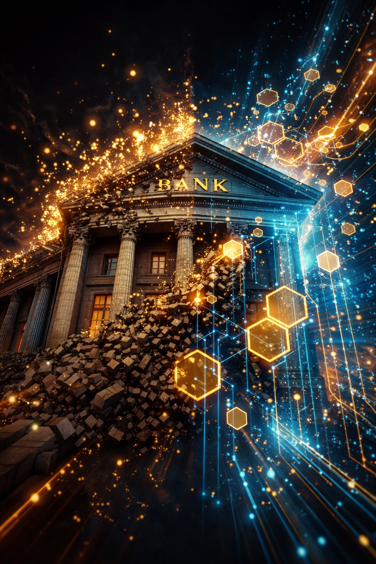 Traditional bank crumbling into blockchain symbols, illustrating transition from legacy finance to decentralized Web3 payments and reduced merchant interchange fees.