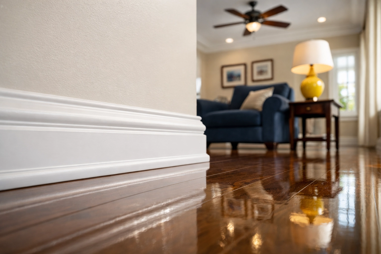 Deep cleaned living room featuring polished hardwood floors, spotless white baseboards, and dusted light fixtures.