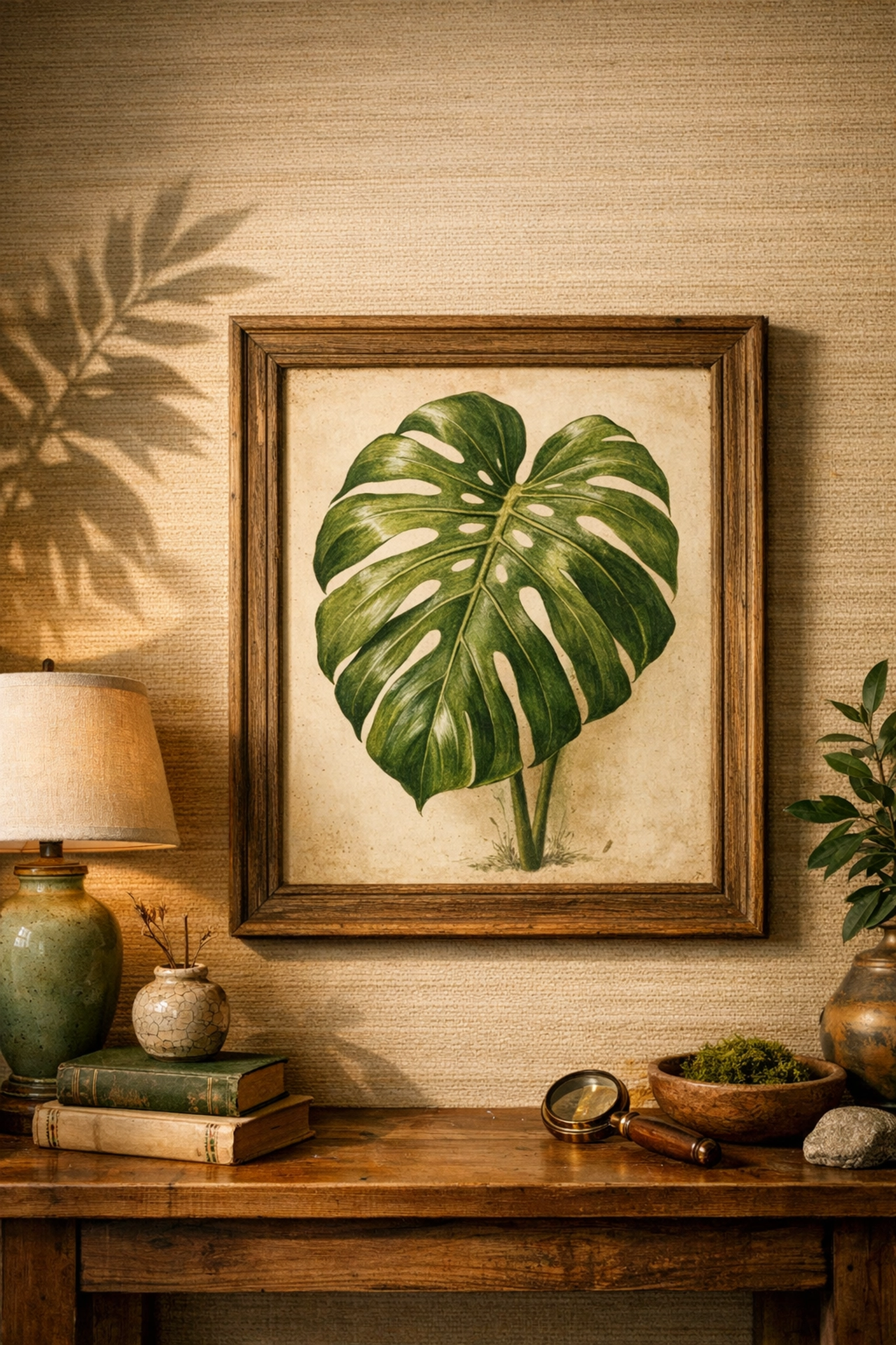 Framed Monstera leaf botanical print displayed on textured tan grasscloth wallpaper for a natural look.