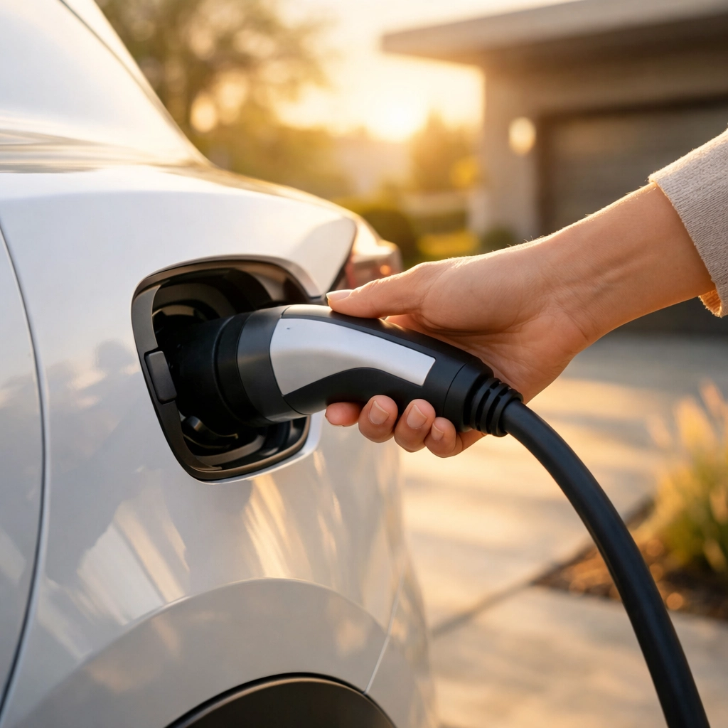 Morning view of an EV charger in Portland Maine being disconnected from a fully charged car.