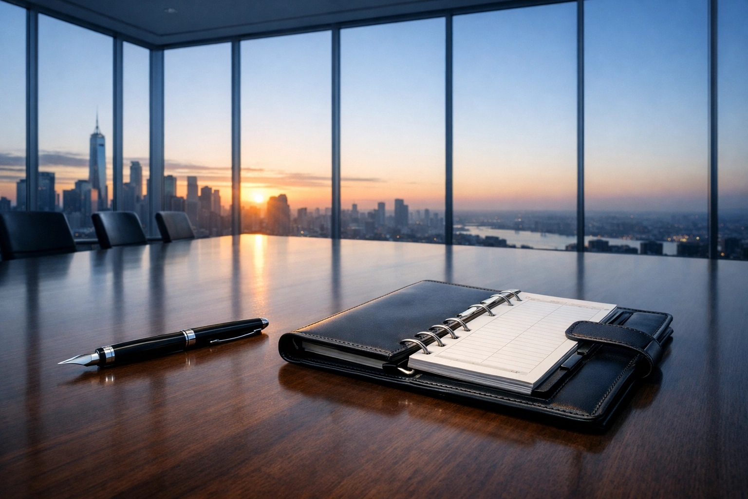 A minimalist office setting with a planner and pen representing clear team goals and leadership expectations.