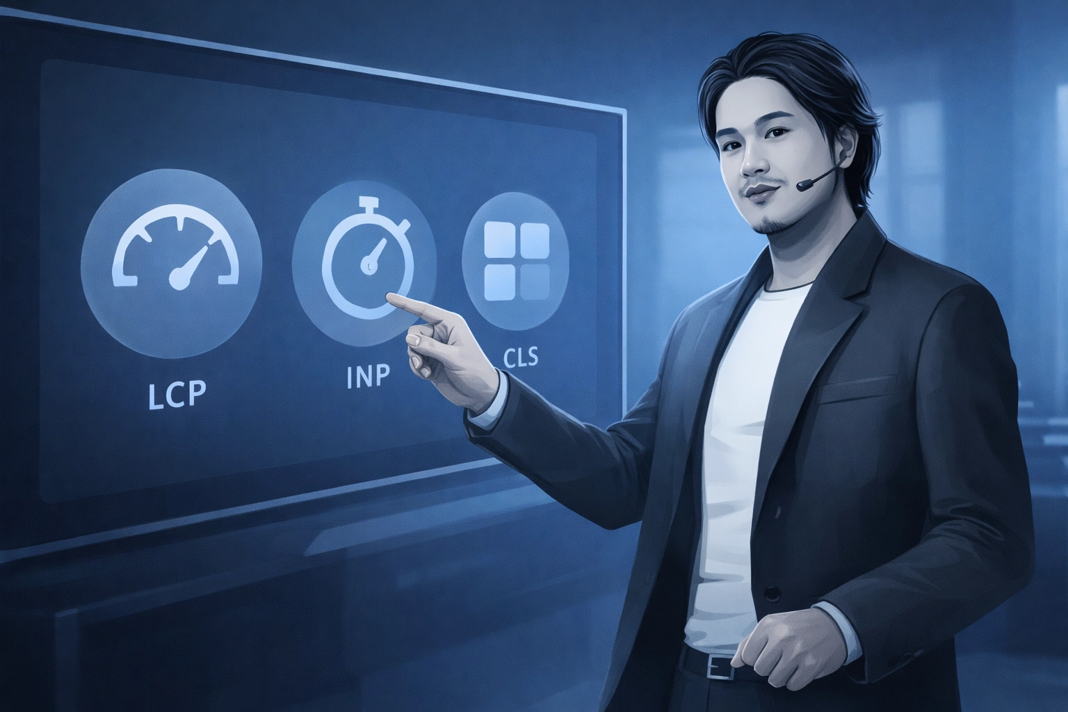 Simon Leung presenting Core Web Vitals-style performance indicators on a modern screen for better page speed and user experience