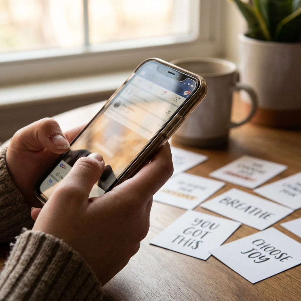 Teen looking at phone with contemplative expression