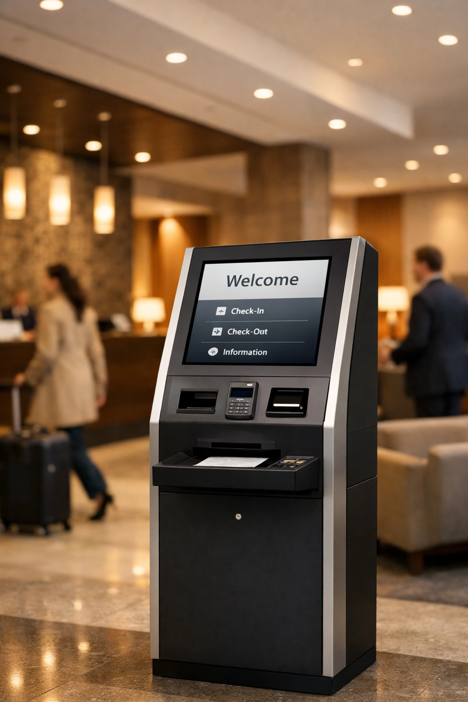 Self-check-in kiosk in hotel lobby enabling automated guest check-in process