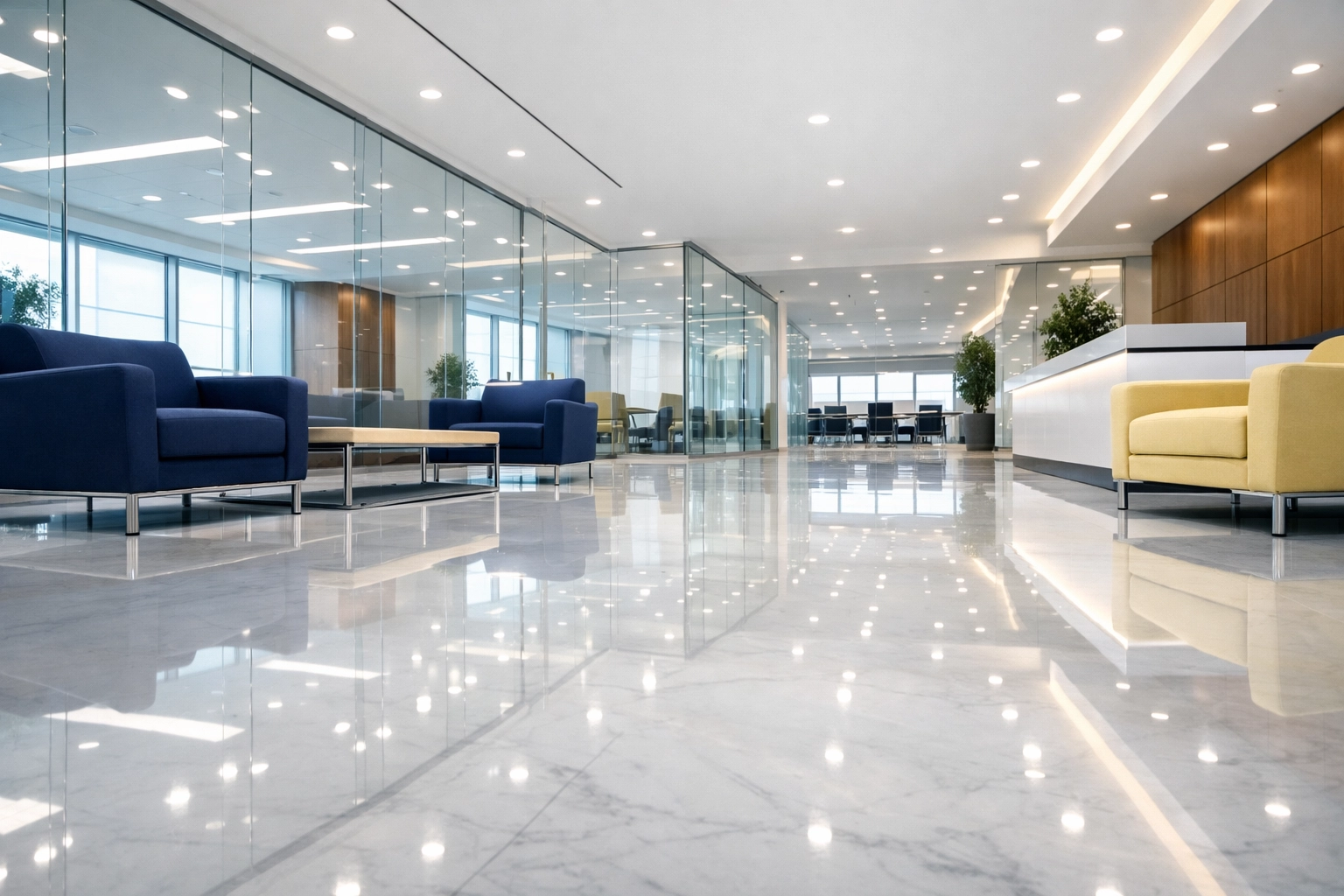 Pristine corporate lobby in West Springfield, MA with polished marble floors showing janitorial excellence.