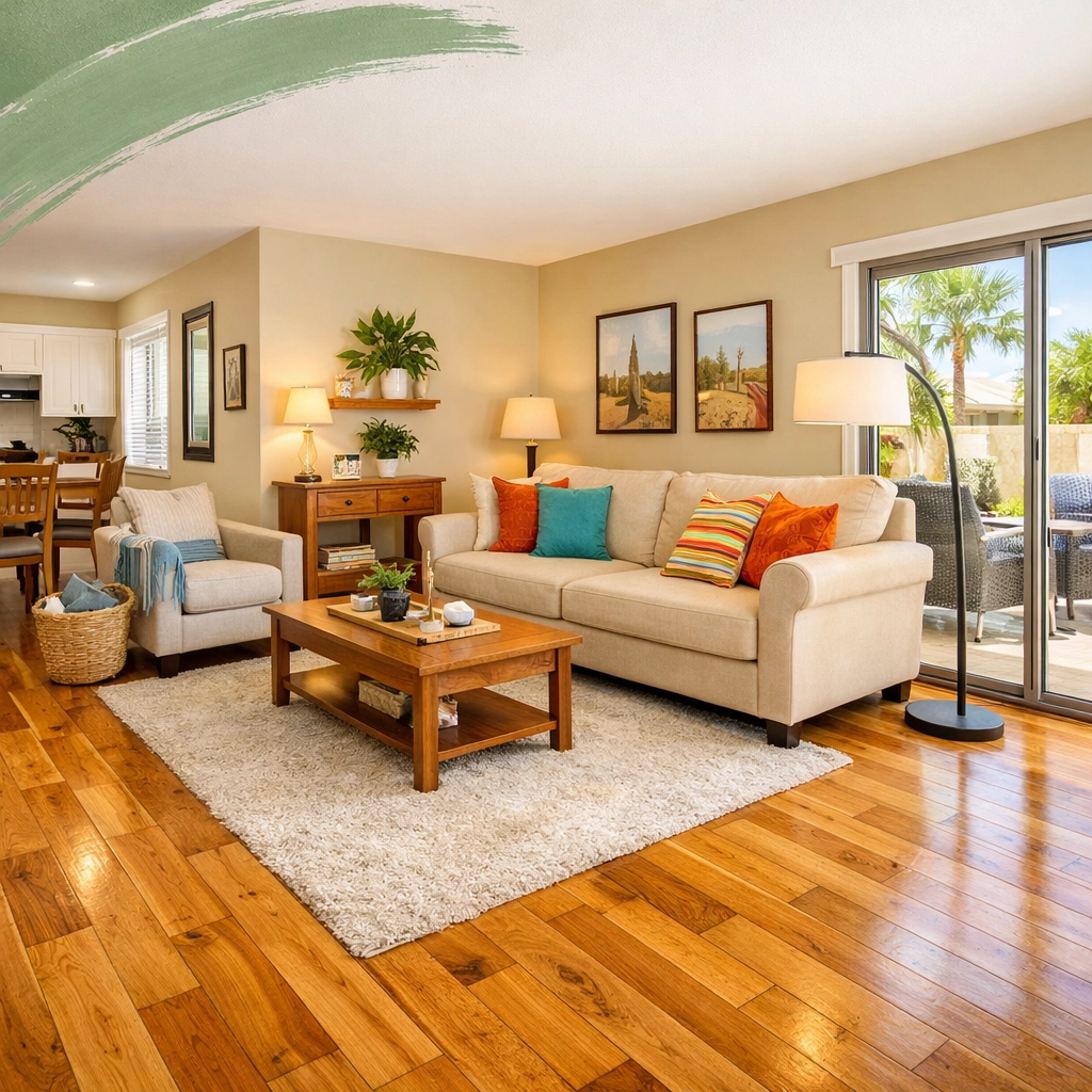 Staged West Valley living room with refinished hardwood floors ready for Phoenix home sale