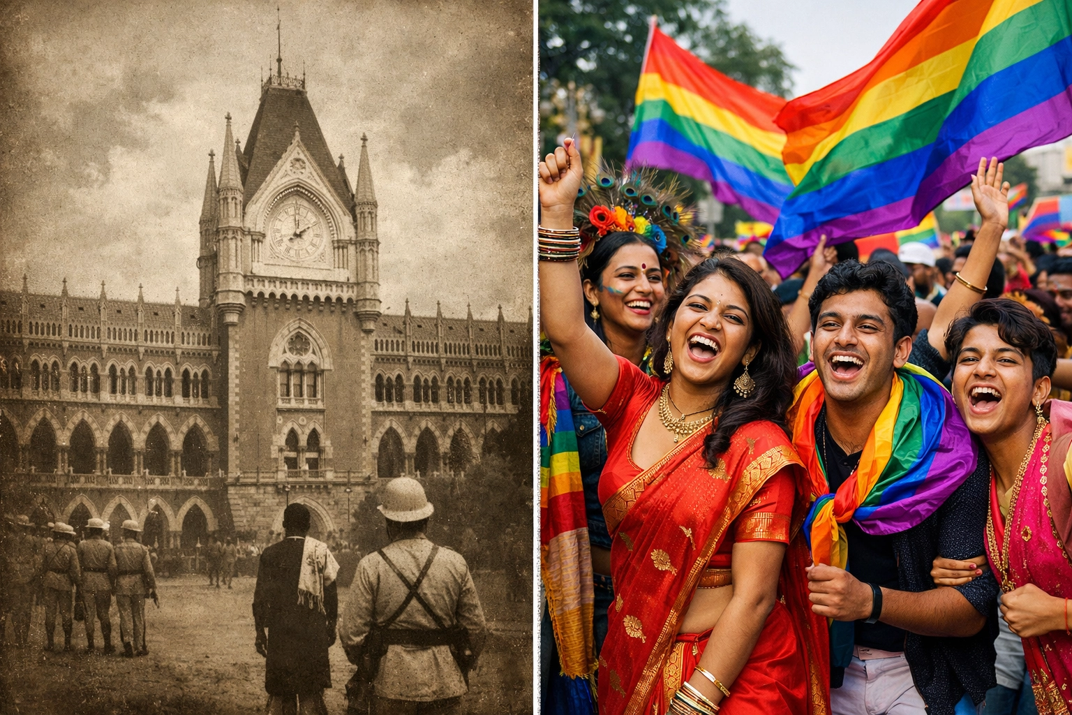 Indian LGBTQ+ pride celebration contrasted with colonial-era oppression under Section 377