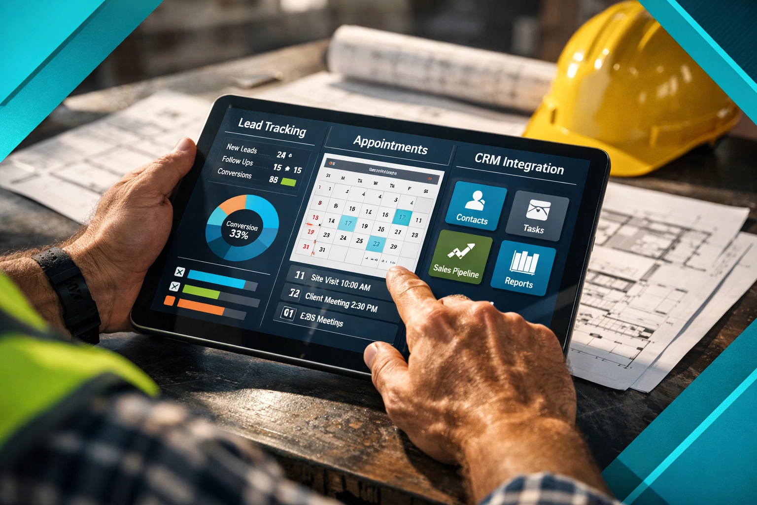 Contractor using CRM dashboard for lead tracking and appointment scheduling