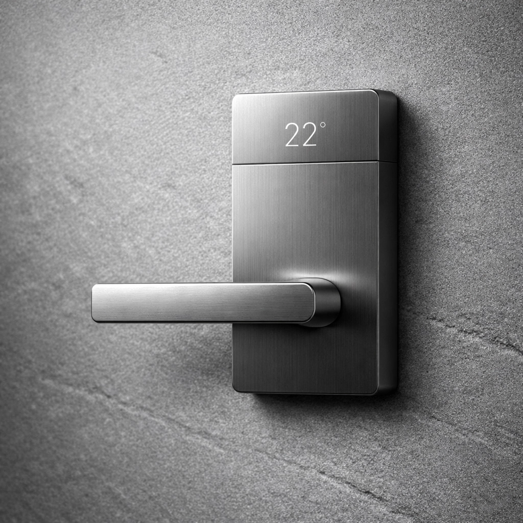 Sleek hotel smart thermostat on stone wall showcasing IoT-integrated hotel management software.