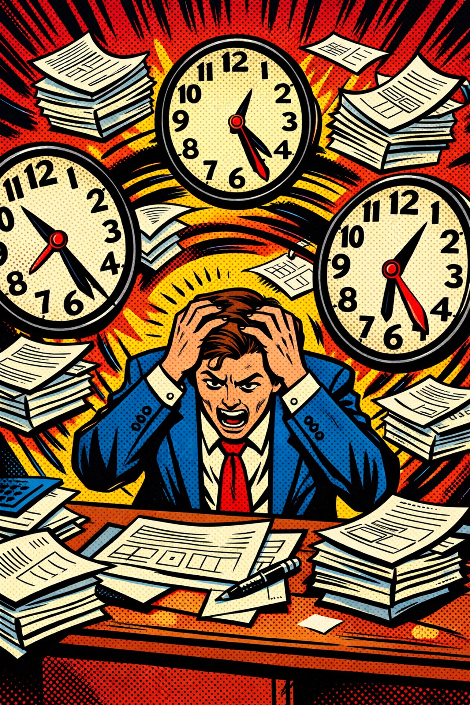 Overwhelmed business owner stressed by manual paperwork, illustrating the need for workflow automation for small business.