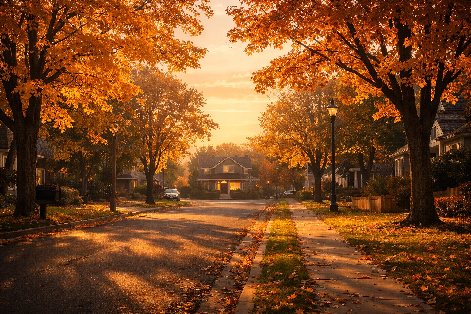 Peaceful Minnesota residential street at sunrise representing a safe community for resettled refugees.
