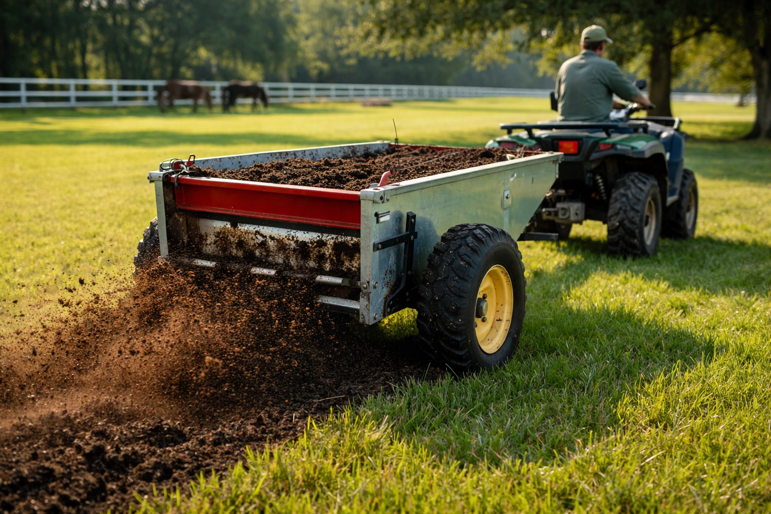 ATV pulling a ground-driven manure spreader on a green horse pasture in Florida, showcasing equipment versatility