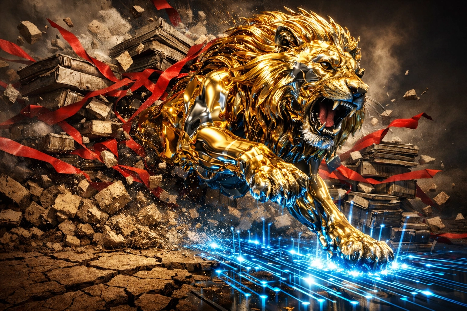 A golden lion smashing through regulatory red tape to reveal high-tech GDP Growth India business scaling.