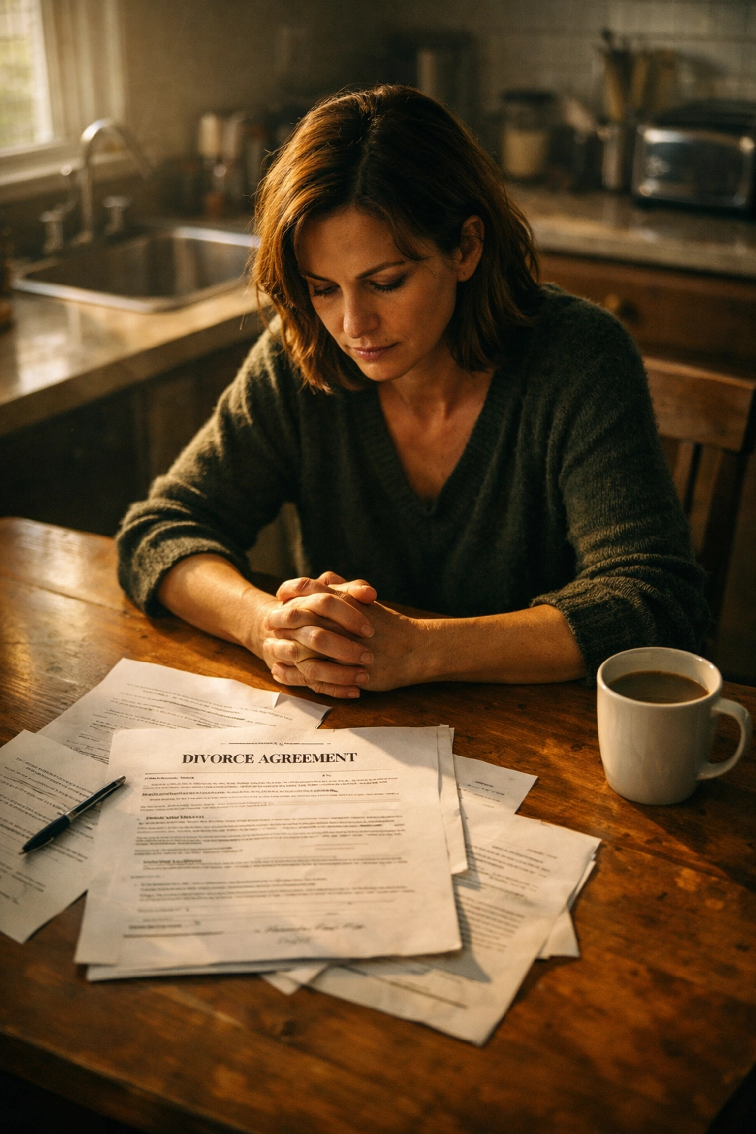 Woman facing loss and transition alone at kitchen table during difficult season