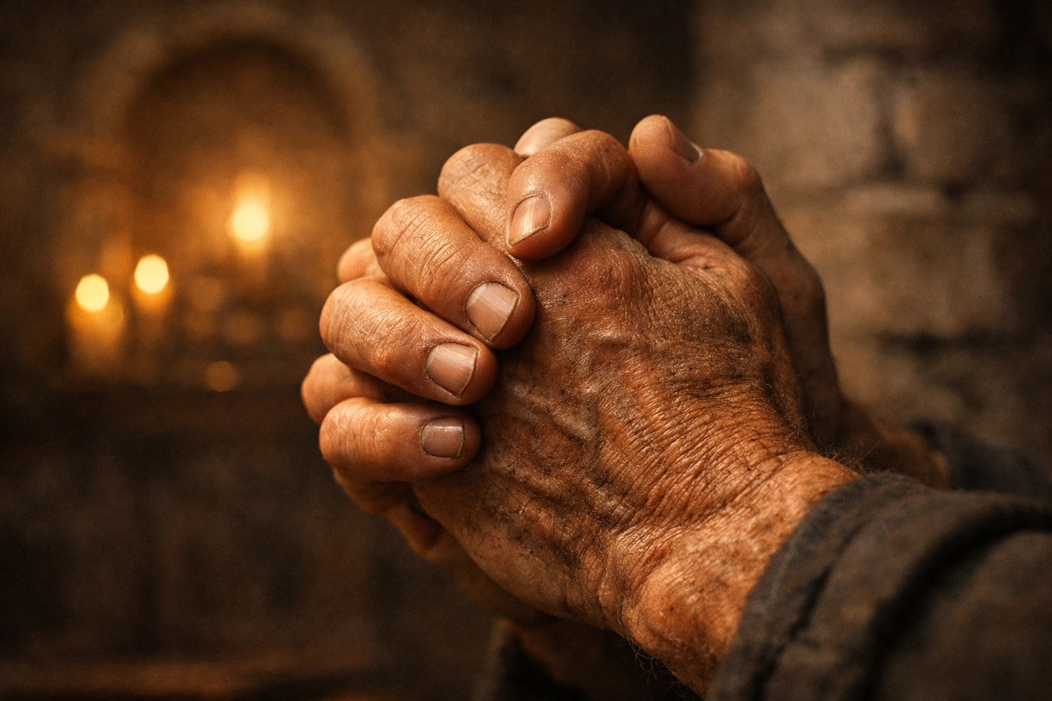 Close-up of weathered hands clasped in prayer for the protection of the Christian community in Iraq.