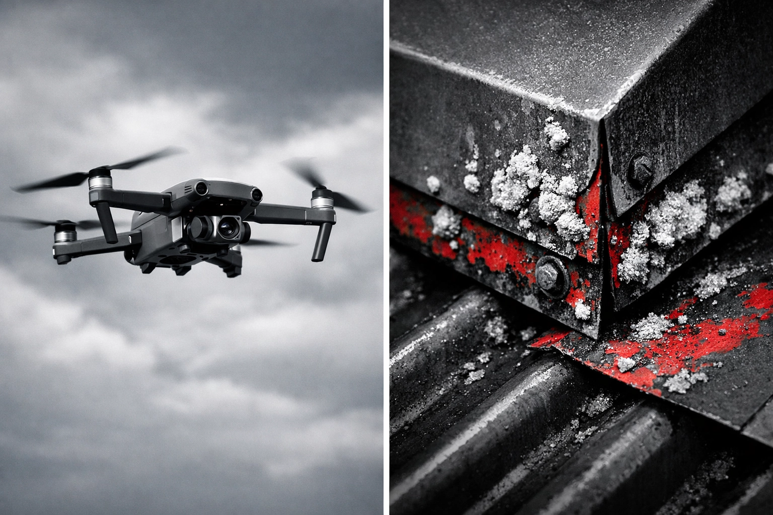 Drone inspection contrasted with salt-corroded roof flashing in Ocean City coastal environment