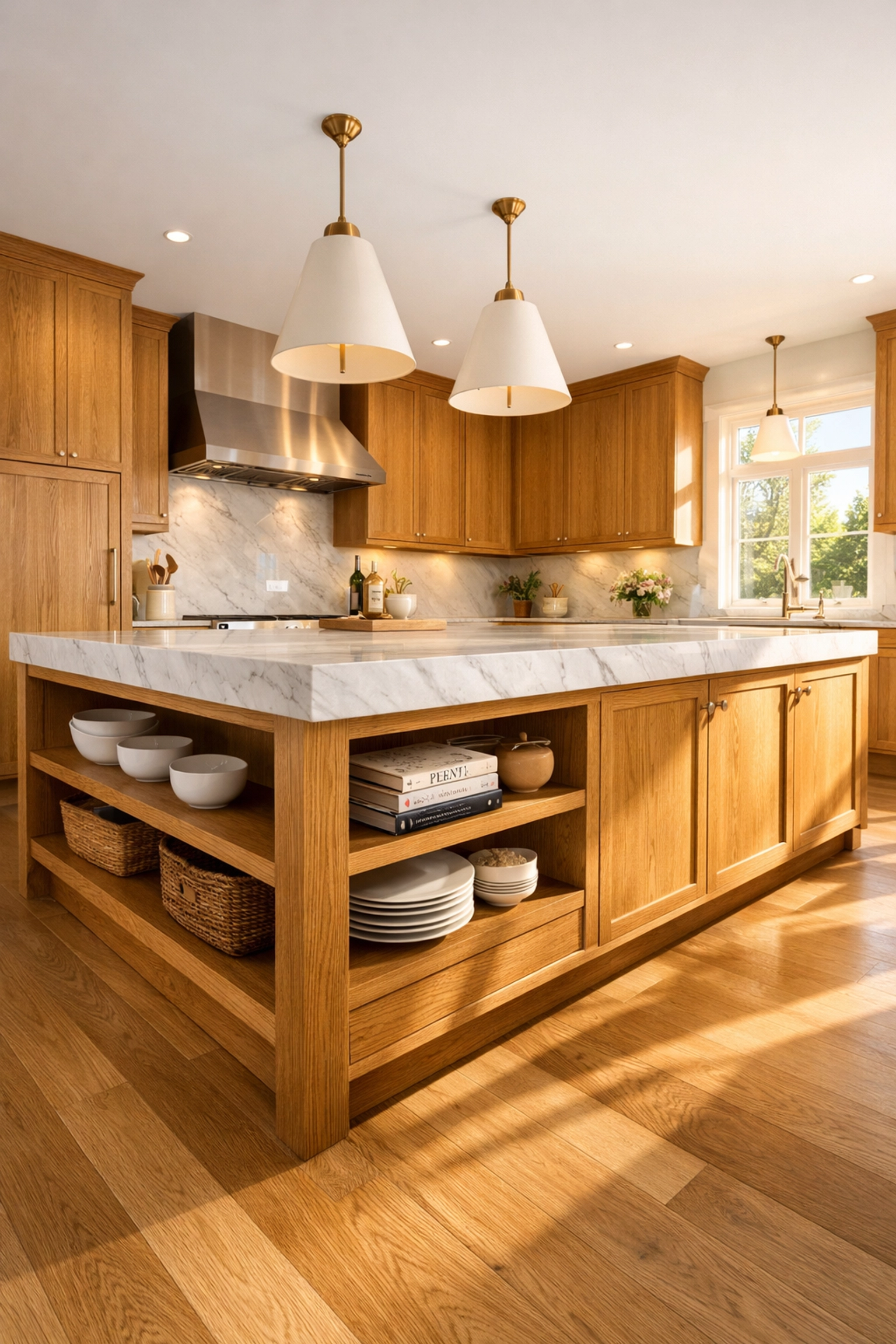 Luxurious custom white oak kitchen cabinets with a marble island in a Minnesota home.