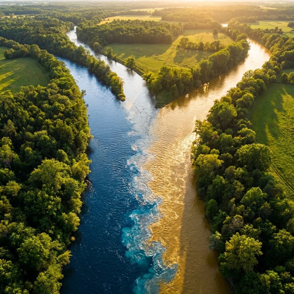 Three rivers representing stocks, bonds, and alternatives merge, illustrating the benefits of 40/30/30 portfolio diversification.