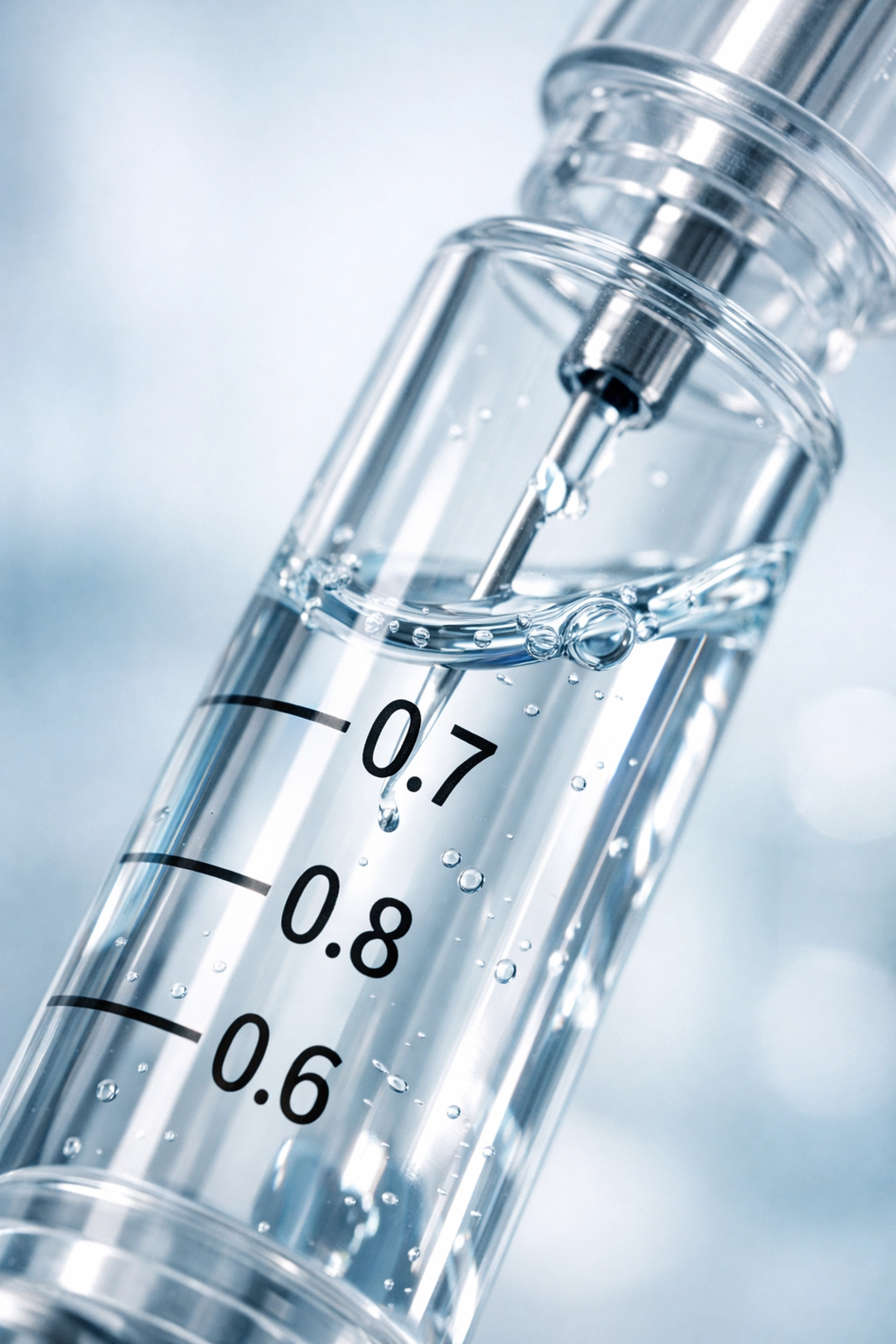 Close-up of a research syringe showing precise measurement markings for peptide dosing.