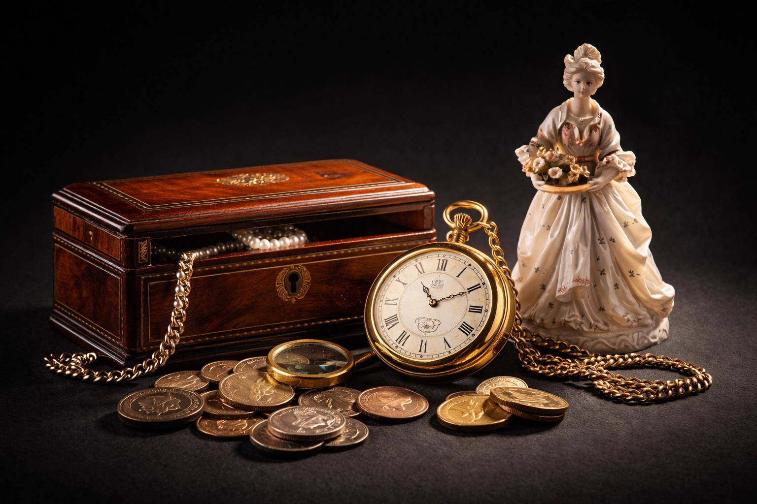 Valuable estate items like vintage watch, coins, and jewelry box prepared for downsizing auction in Columbus.