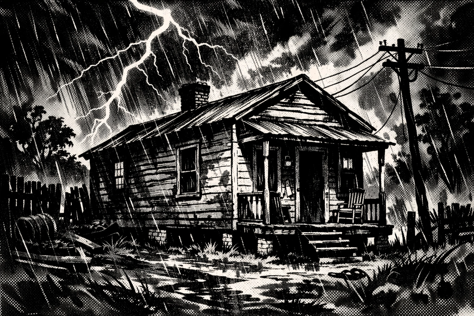 A high-contrast, noir-style graphic novel illustration of a 1930s Mississippi shotgun house under a heavy storm, dramatic lightning shadows, ink-wash texture, vintage comic book aesthetic, no people visible.