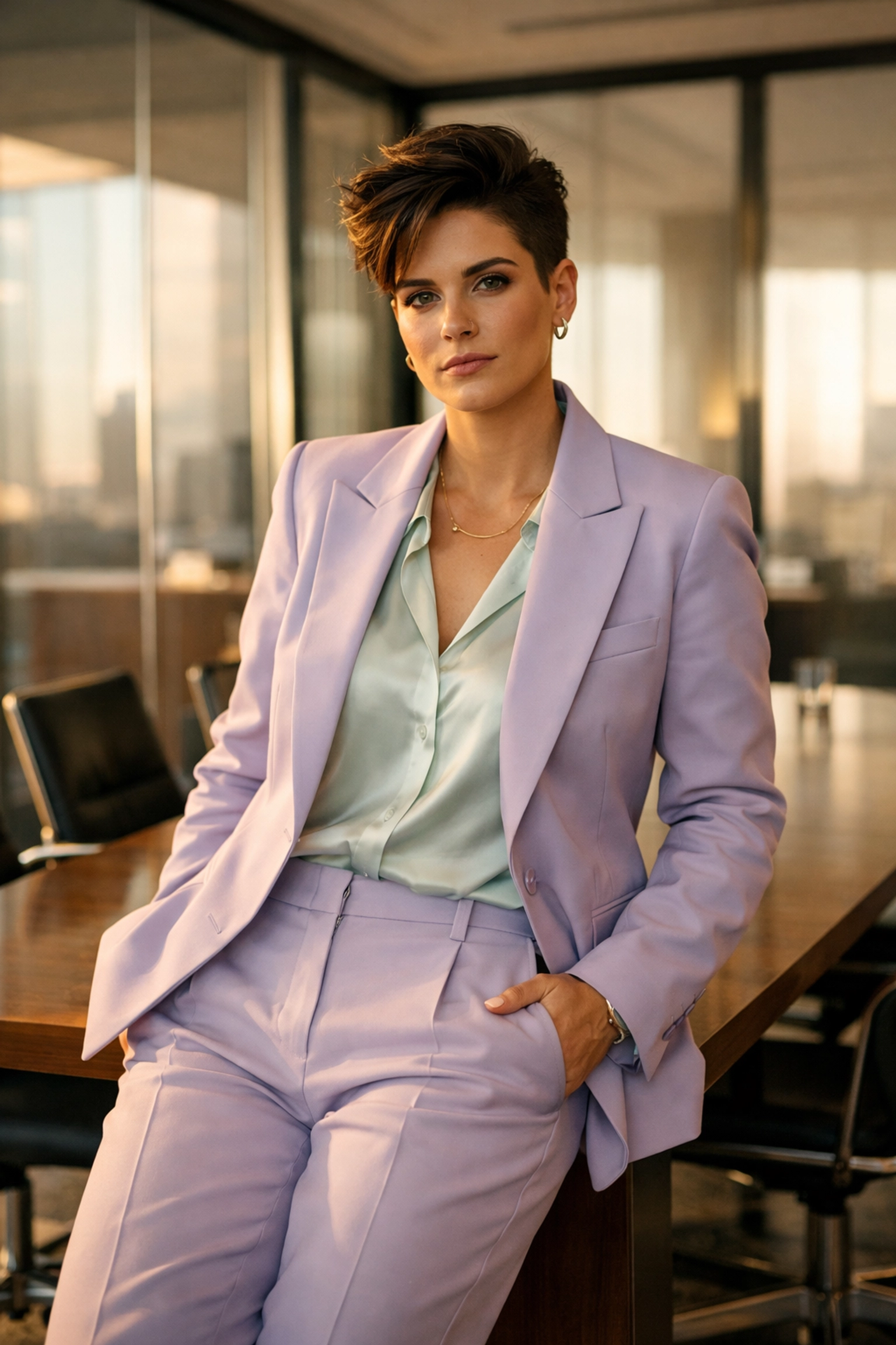 A confident lesbian leader in a modern office demonstrating queer leadership and career growth.