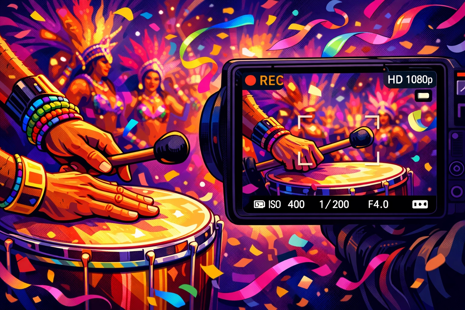 Samba drummer's hands on traditional drums during Rio Carnival MM romance celebration