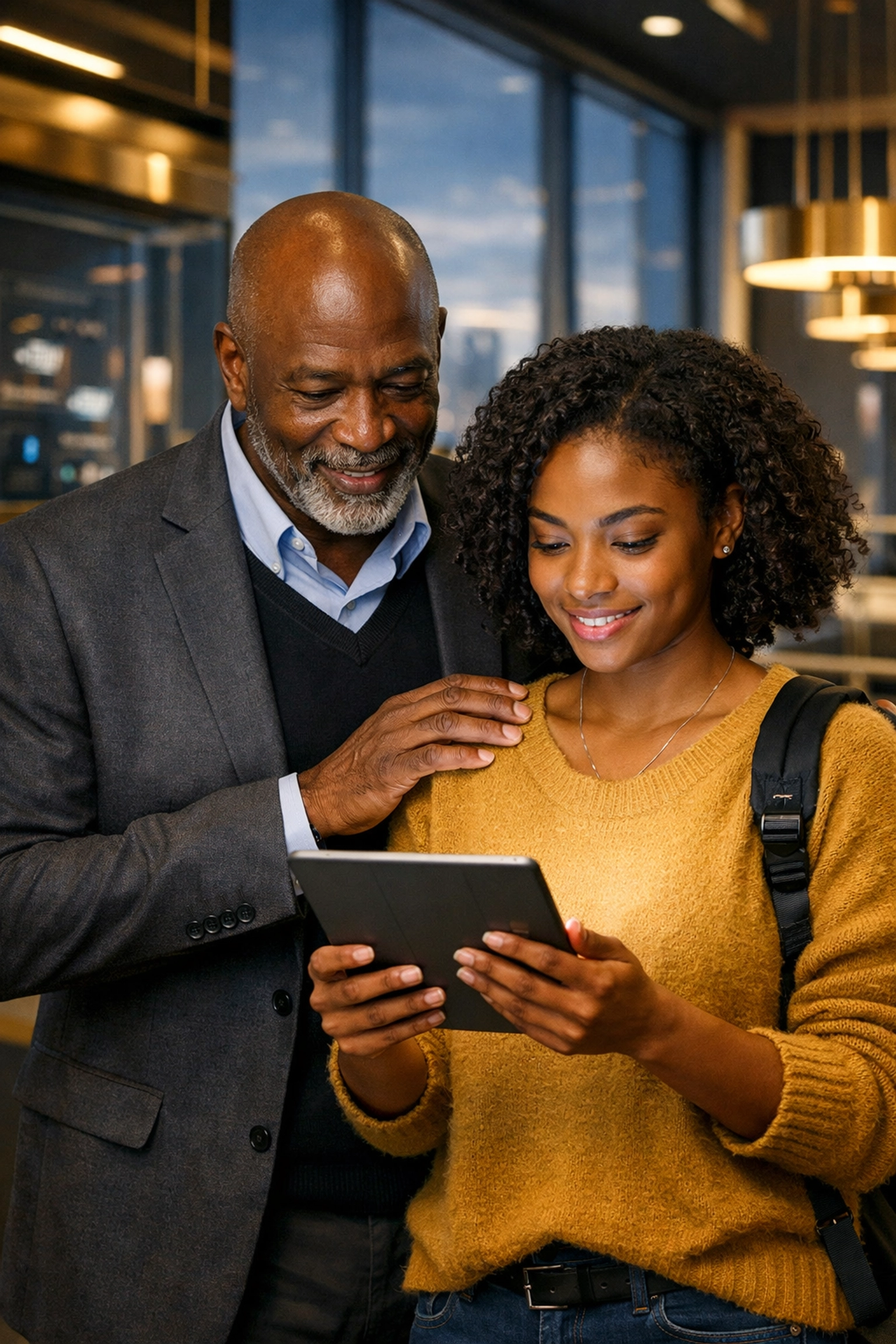 A Black mentor and student discussing entrepreneurship and innovation in a modern office space.