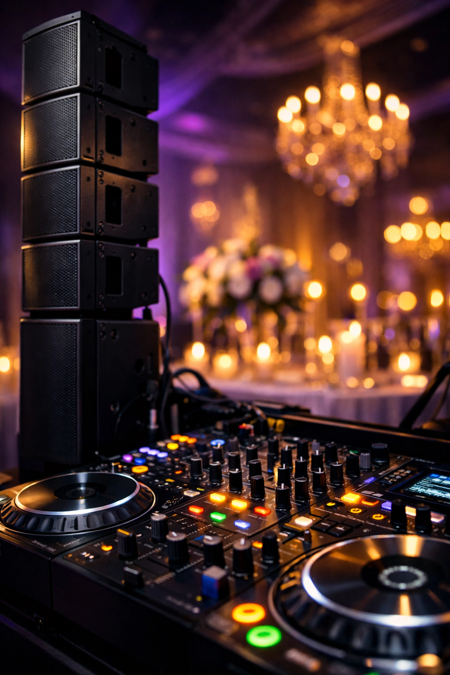 Professional wedding DJ sound equipment and line array speakers at elegant reception venue
